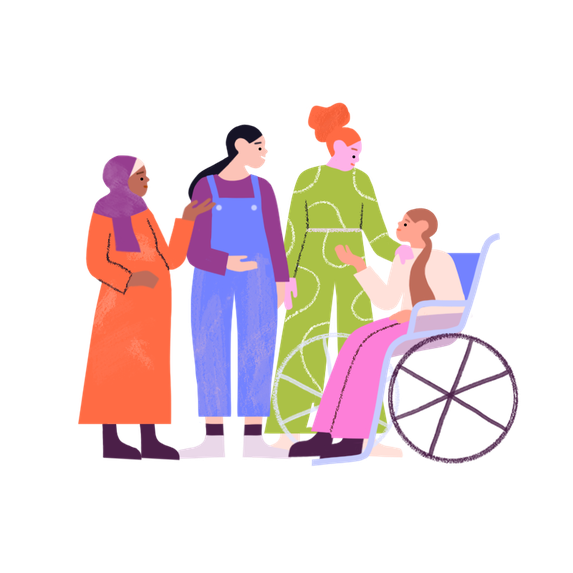 An illustration shows four women standing and sitting together, chatting. One of the women is pregnant while another woman is in a wheelchair. One of the other two women has placed a supportive hand on the shoulder of the woman in the wheelchair.