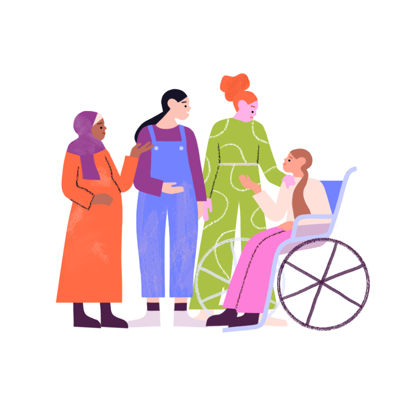 An illustration shows four women standing and sitting together, chatting. One of the women is pregnant while another woman is in a wheelchair. One of the other two women has placed a supportive hand on the shoulder of the woman in the wheelchair.