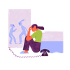 Illustration of a girl looking distressed, sitting on the floor of her bedroom with a phone next to her. Through the door can see two people who are fighting.