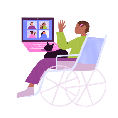 Illustration of a woman in a wheelchair charring on video call to four other women. On her lap is a little cat.