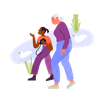 Illustration of two women walking in a park having a friendly conversation, one of the women is holding a camera. In the background there is a pond with ducks in it.