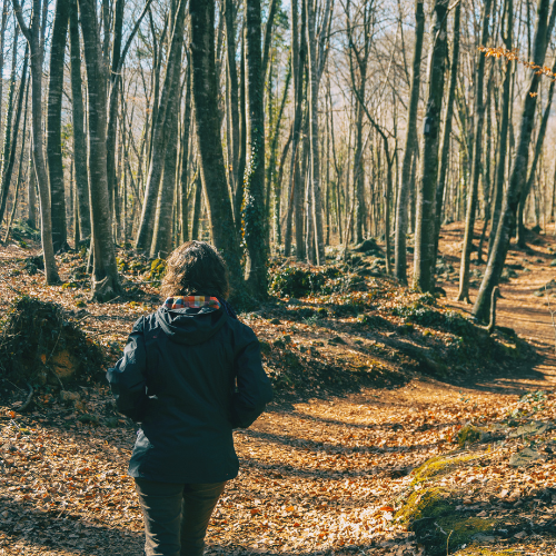 This image shows a woman dressed in a coat and scarf, and standing in a wooded area. Her back is turned to us.