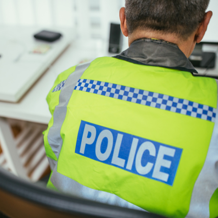 The back of a policeman, wearing a high-vis police jacket, sits at a desk.