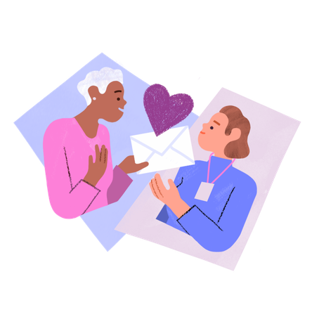 Illustration of two women, one is handing the other woman a large envelope. The woman receiving the envelope is wearing a lanyard. There is a heart between them, above the envelope.