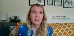 Dr Olivia Smith, a lecturer in Criminology and Social Policy at Loughborough University, sits on an orange and is mid-speech chatting to the camera.