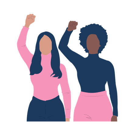 An illustration of two women with no facial details stand side by side with their right arms raised up and their hands in a fist.