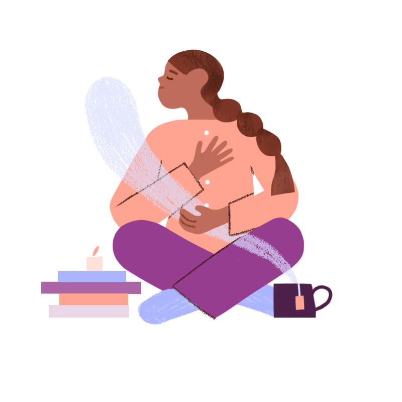 Illustration of a woman sitting with her hand on her chest and stomach, practicing breathing to reduce anxiety. There is a hot drink, some books and a candle around her.