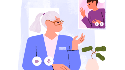 Illustration of an older woman and a younger woman talking to each other on video chat.